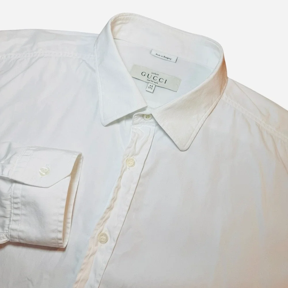 Gucci Uniform White Cotton Button Down Shirt Mens 44 17.5 Made in Hungary L/S